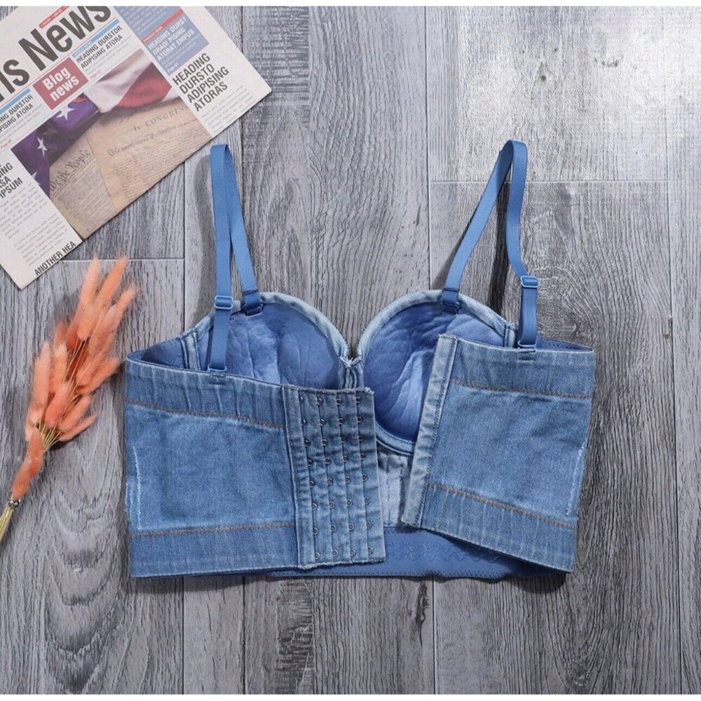 Women's Beaded Shaped Camisole Fashion Lingerie Stage Hot Diamond Denim Corset - Picture 6 of 12